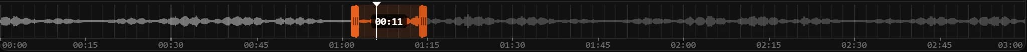 The ClipLive timeline: the audio waveform with the In and Out handles around an eleven-second moment.