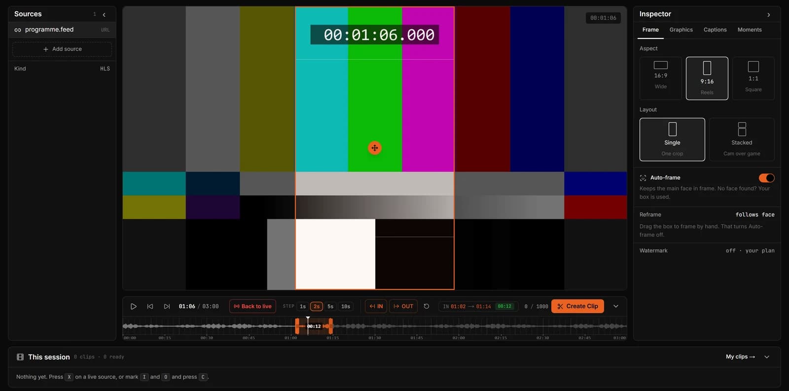 The ClipLive workspace with the 9:16 frame selected, showing the vertical crop over a programme feed of test bars, with Auto-frame on.