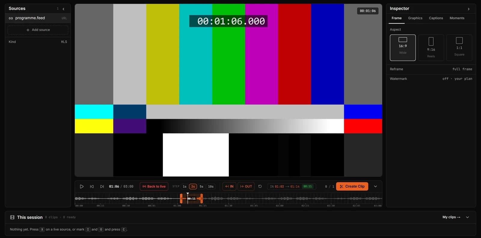 The ClipLive workspace on a programme feed showing test bars with timecode: the waveform timeline with an eleven-second moment marked between In and Out, the sources list on the left and framing options on the right.